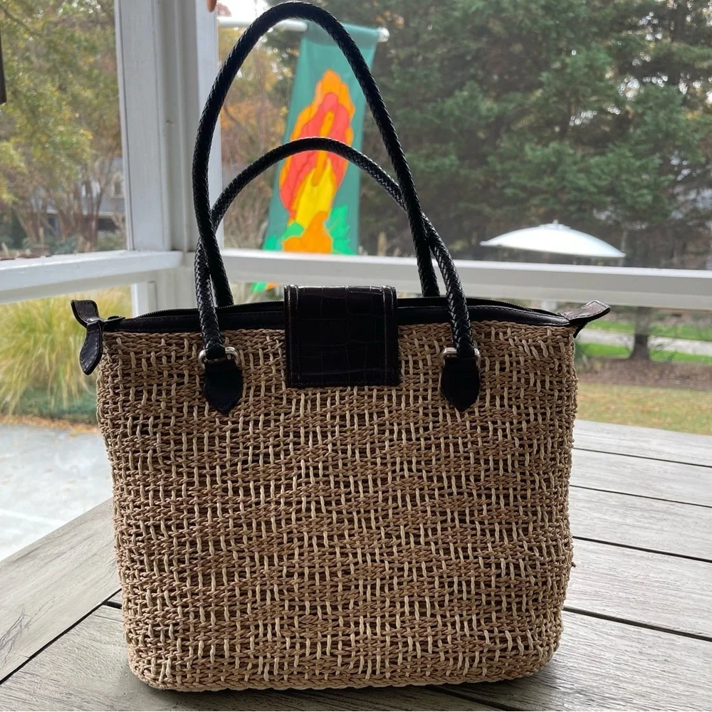 Brighton Woven Straw & Leather Satchel Tote Bag - Picture 3 of 8